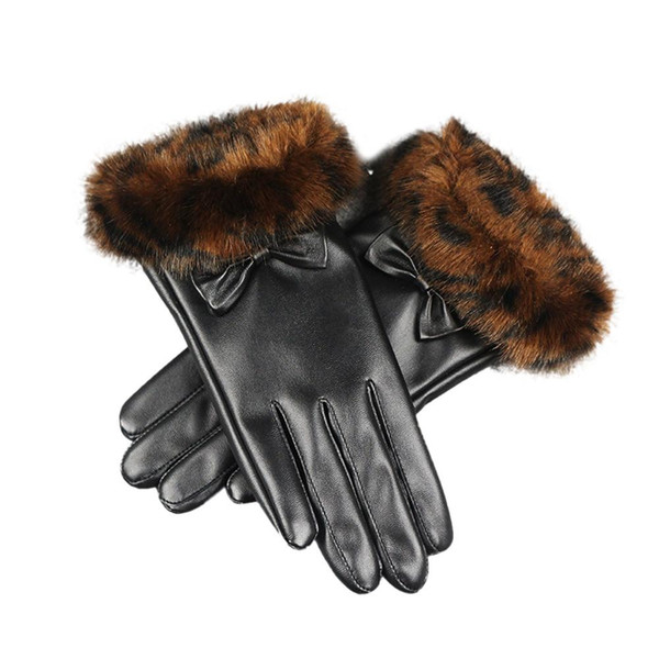 Women Winter Gloves Luxurious Black Leather Warmer Gloves Five Finger Thicken Plush Bow Windproof Mittens For Female #Z