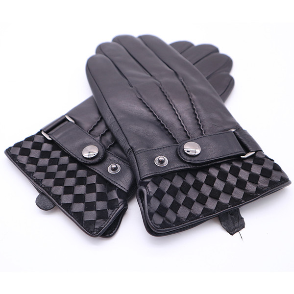 2018 Men's Winter Gloves Genuine Leather Men Buckle Plush Warm Thermal Gloves Touch Screen Driving Black Mittens AGB670