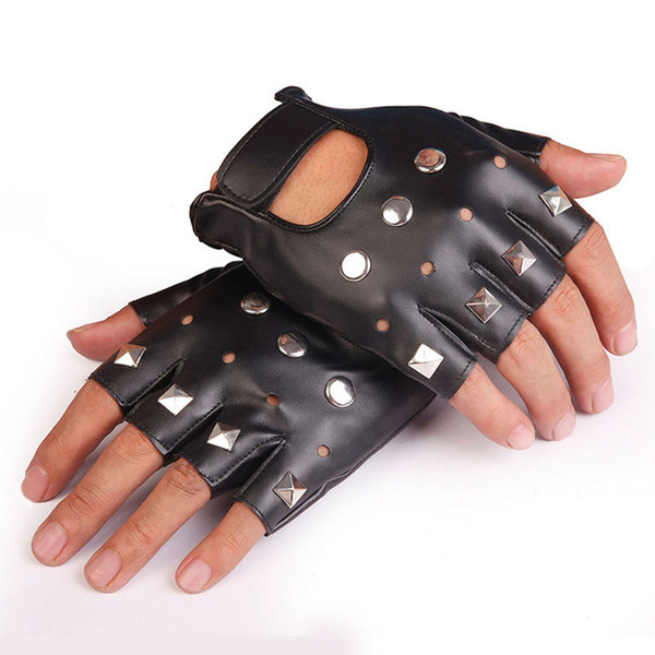 Men PU Leather Fingerless Gloves Cool Half Finger Gloves Studded Metal Motorcycle Rock Hip Hop Dance Party Gothic Punk Style Sport GYM Glove