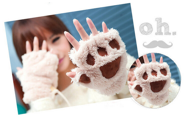 Woman Winter Fluffy Bear/Cat Plush Paw/Claw Glove-Novelty soft toweling lady's half covered gloves mittens christmas gift