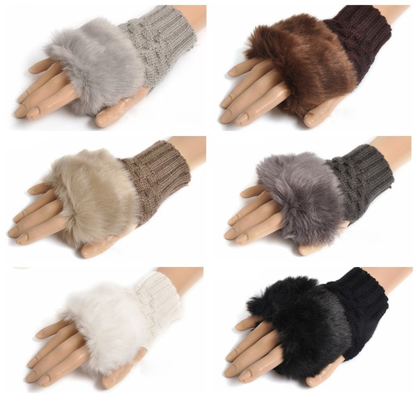 Women Girl Knitted Faux Rabbit Fur gloves Mittens Winter Arm Length Warmer outdoor Fingerless Gloves colorful XMAS gifts