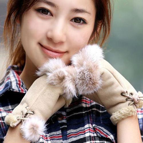 Wholesale- Hot Rabbit Fur Leather Lady Fingerless Suede Mittens Women Winter Gloves Retail/Wholesale 5BU5 7F44