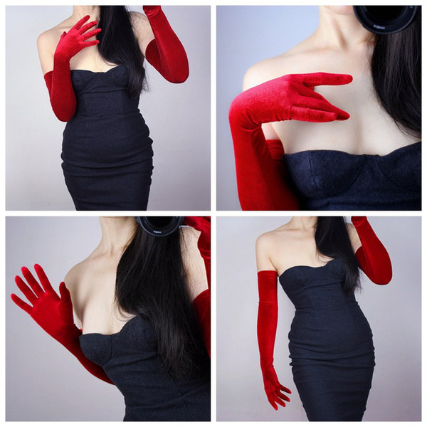 1 Pair Red Velvet Womens Gloves 60cm Long Vintage Opera Evening Stretchy Velours Gloves Fashion Elegant Lady Mittens Hot XLZ9499