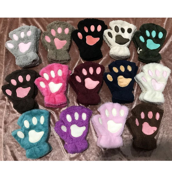 Winter Fluffy Plush Gloves Mittens Paws Gloves Women Girl Children Cosplay Cat Bear Paw Claw Half Finger Glove 14Colors Wholesale