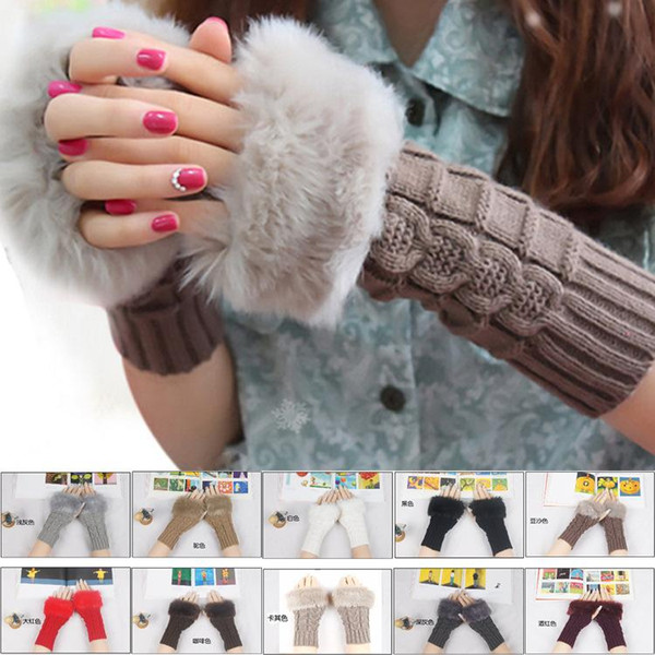 Free UPS Ship 2016 Lady Winter Knitted Fingerless gloves adult woman Faux Rabbit Fur Wrist Hand Gloves Warmer Mitten 10colors choose