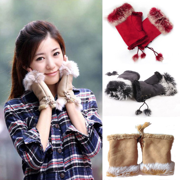 Rabbit Fur Gloves Cony Hair Women Fingerless Glove Semi Palms Style with Suede Material for Winnter to Keep Warm