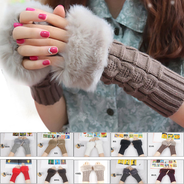 2016 New Arrivals Women Lady Winter Knitted Fingerless gloves adult woman Faux Rabbit Fur Wrist Hand Warmer Gloves Mitten Free Shipping