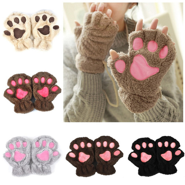 2017 Winter Lovely Women Bear Cat Claw Paw Mitten Plush Gloves Short Finger Half Gloves Ladies Half Cover Female Gloves