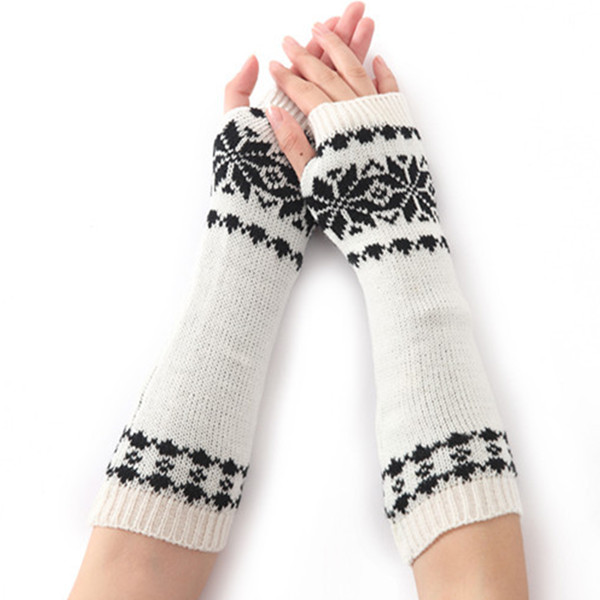 Warm Gloves Long Arm For Women Knit Winter Girls Gift Snow Pattern Fingerless