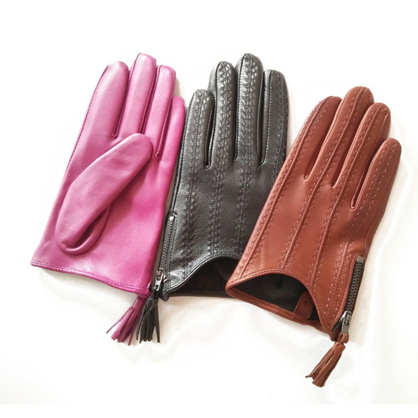 Lady Short Style Genuine Leather Gloves Autumn Winter Thin Velvet Lined Driving Tassel Zipper Woman Sheepskin Gloves TB80