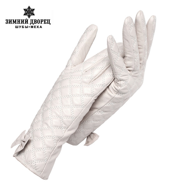 Creamy-white leather women gloves,Floral,Genuine Leather,gray checkered leather gloves,Leather gloves for women,Female gloves