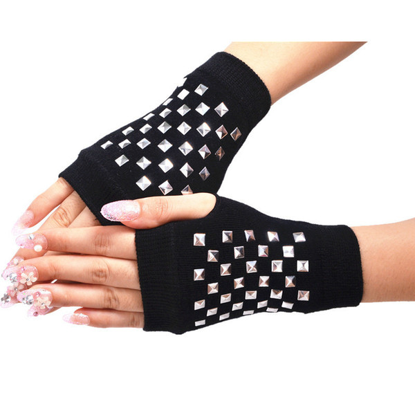 Wholesale- Winter Half Finger Gloves for Women Men Fashion Knitting Warm Glove Students Drill Rivet Punk Hip Hop Cool Sailor Dance Mittens