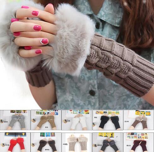 Free Shipping Women Lady Winter Knitted Fingerless gloves adult woman Faux Rabbit Fur Wrist Hand Warmer Gloves Mitten