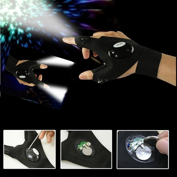 New Magic Strap Fingerless Glove Outdoor Fishing LED Flashlight Torch Cover Lights Camping Tools Luminous black Gloves C0169