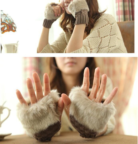 Women Girl Knitted Faux Rabbit Fur gloves Mittens Winter Arm Length Warmer outdoor Fingerless Gloves colorful XMAS gifts ems 100pcs