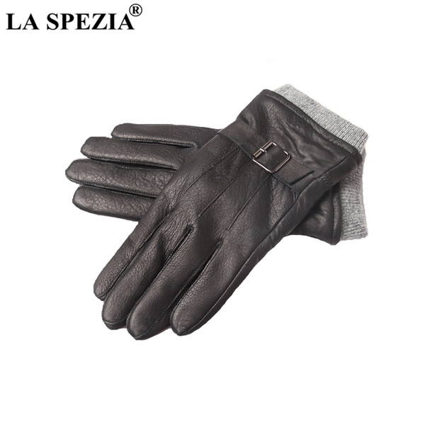 LA SPEZIA Men Gloves Real Suede Leather Fleece Thick Black Driving Biker Gloves Male High Quality Natural Leather Winter Mittens