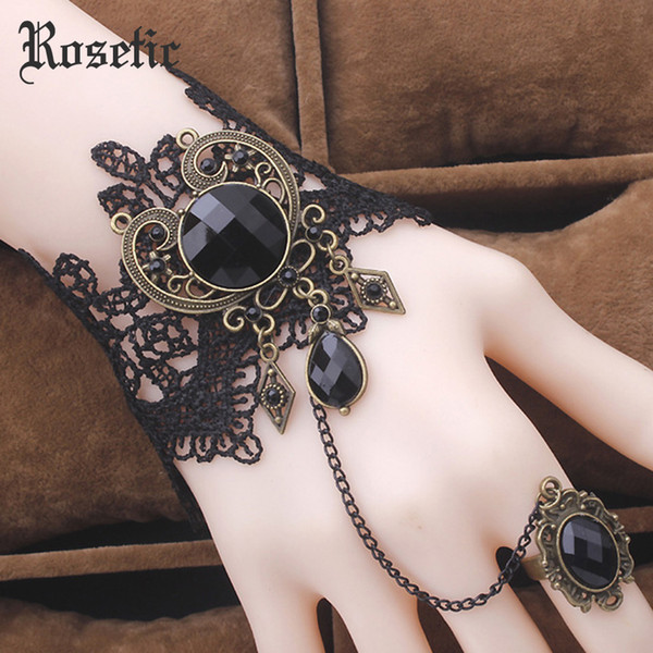 Rosetic Vintage Gothic Punk Women Bracelets Black Hollow Lace Heart Crystal Metal Drop Tassel Finger Chain Charm Accessories