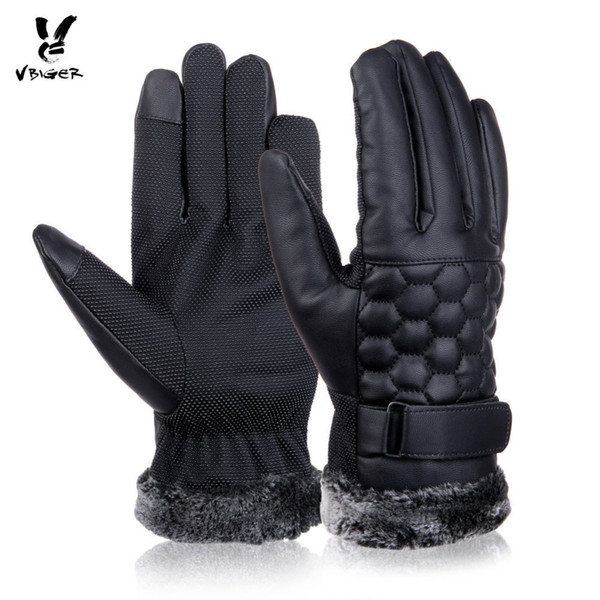 Vbiger Men Gloves Retro Thickened PU Leather Touchscreen Gloves Plush Cuff Outdoors Anti-skid Mittens