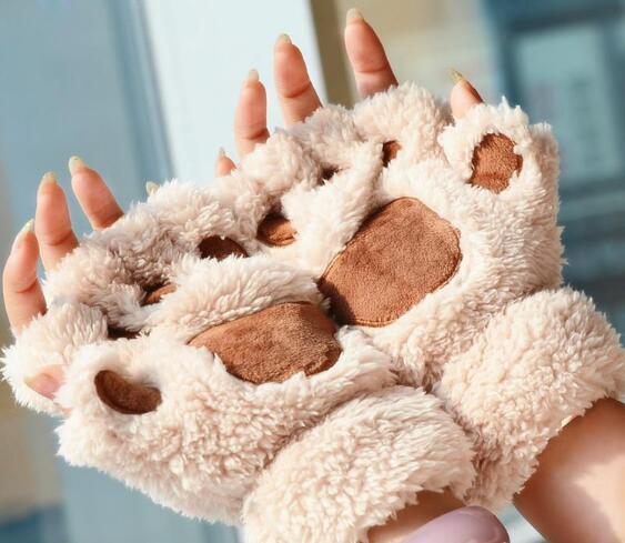 Sexy cat paw warm gloves winter girl's cute cartoon cat bare finger gloves thickened downy bear PAWS half-finger gloves Christmas Gifts