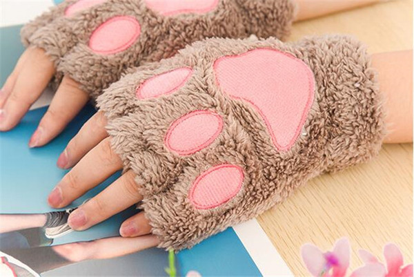 300pcs Woman Winter Fluffy Bear/Cat Plush Paw/Claw Glove-Novelty soft toweling lady's half covered Fingerless loves Christmas gift R050