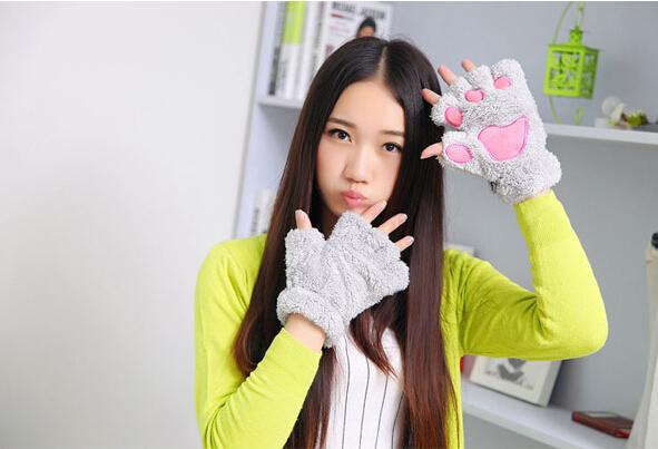 Ladies Winter Fingerless Gloves Mittens Fluffy Bear Cat Plush Paw Claw Half Finger GloveHalf Cover Women Female Glove 12pcs/Lot FreeShipping