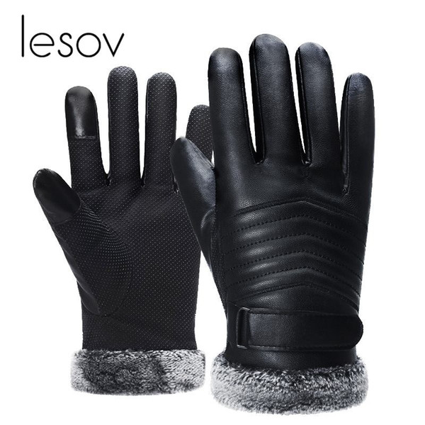 Lesov Waterproof PU Leather Gloves Men Touch Screen Winter Gloves Warm Plush Lining Full Finger Driving Mittens Handschoenen New