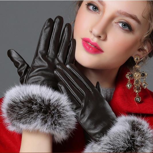 Wholesale- 2016 Beautiful rabbit fur ball PU glove Winter woman's leather glove brand designer