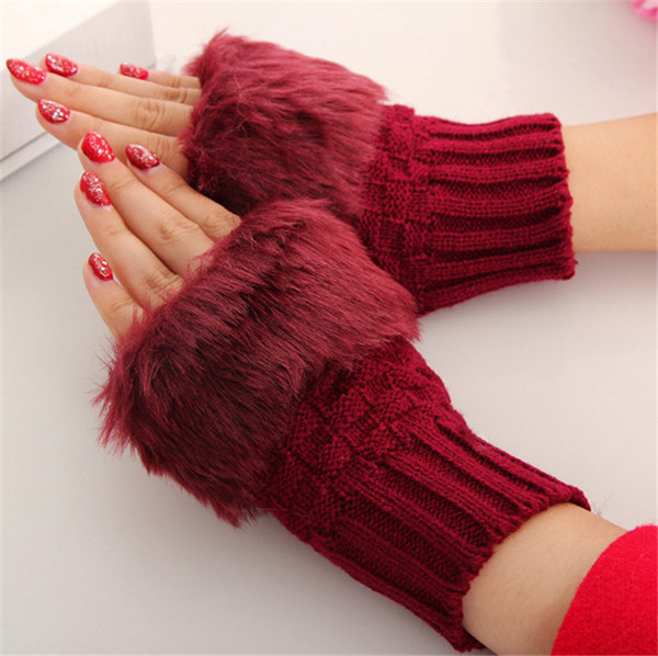 Women Fingerless Gloves Cute Faux Rabbit Fur Knitted Gloves Female Winter Knitting Warmer Wrist Hand Gloves Mitten Factory Wholesale