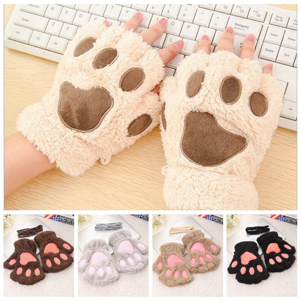 Ladies Winter Fingerless Gloves Mittens Fluffy Bear Cat Plush Paw Claw Half Finger Glove Soft Half Covered Women Female Gloves YYA646