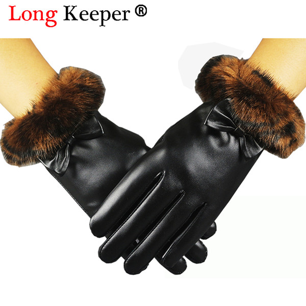 Female Touch Screen Gloves PU Leather Women Gloves Waterproof Waterproof Faux Rabbit Fur Thick Warm Spring Winter Ladies