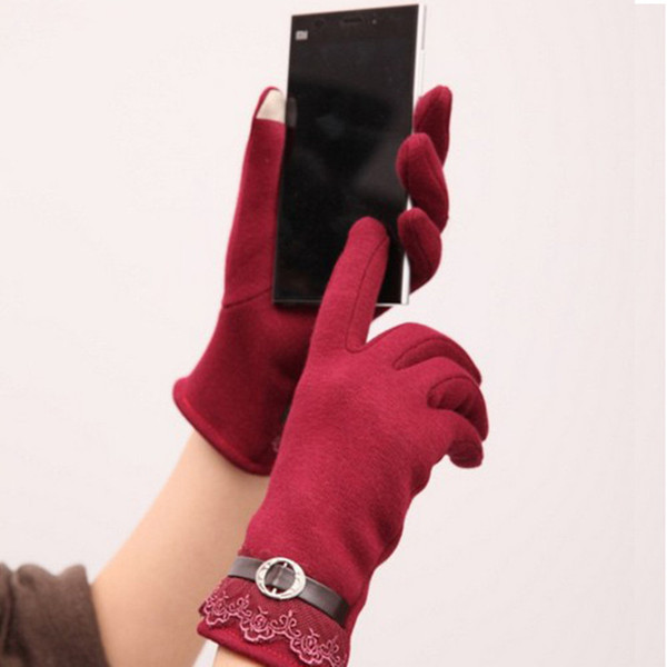 Wholesale- Hot New Wine Red Fashion Design Cotton Women Touch Screen Lace Gloves Cute Lady Gloves 2016