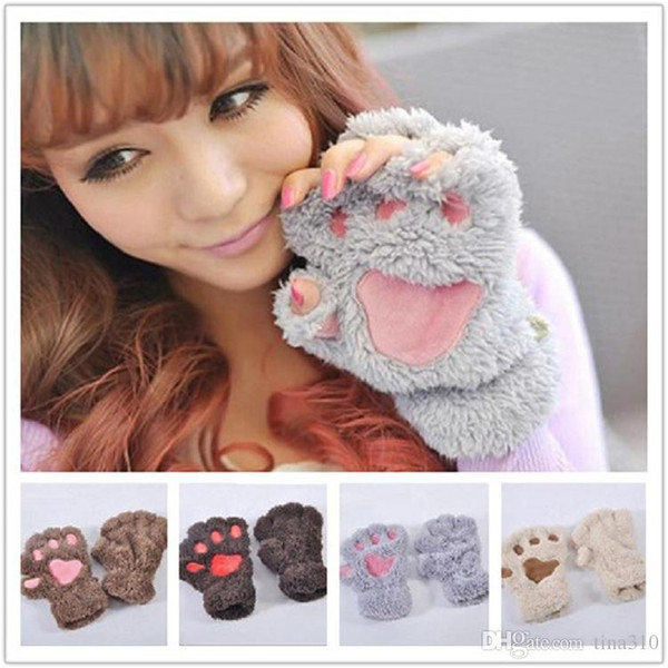 Wholesale-Cute women gloves winter gloves cartoon cat claw gloves thick plush fingerless gloves cartoon gloves A0324