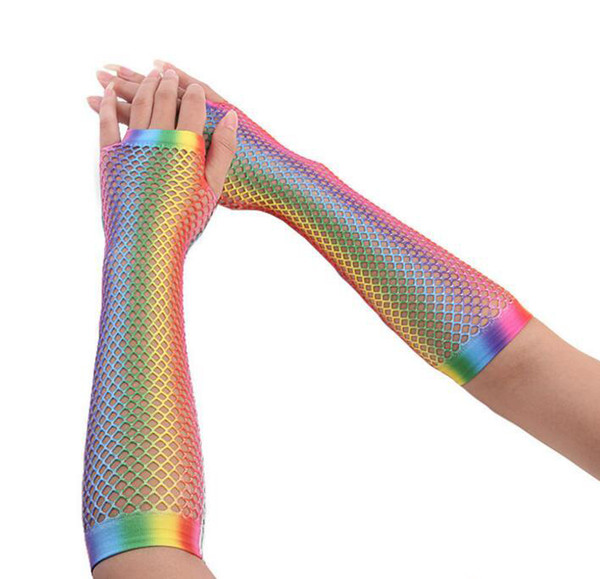 Rainbow Fishnet Fingerless Gloves Sexy Colorful Shiny Mermaid Long Half-finger Gloves Bridal / Party/ Nightclub Fishnet Gloves