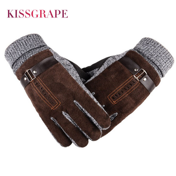 2017 Winter Men's Warm Gloves Natural Suede Leather Gloves Mittens Male Thick Thermal Leather Men Knitted Guantes