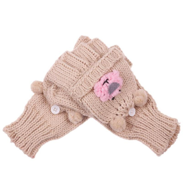 Woolen Knitted Fingerless Gloves Women Winter Warm Flip Finger Cute Mittens