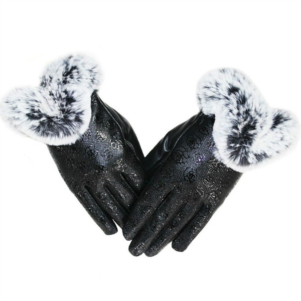 Elegant Womens Girls Winter Warm Touchscreen Rose Print Leather Gloves Thermal Lined Windproof Mittens Casual Club Party Driving Cycling