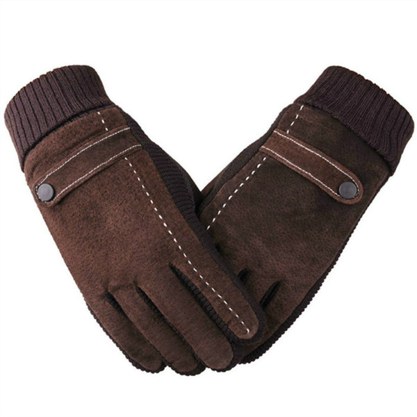 Mens Winter Warm Suede Genuine Leather Outdoor Driving Glove Knitting Patchwork Gloves Unisex Touchscreen Texting Windproof Anti-slip