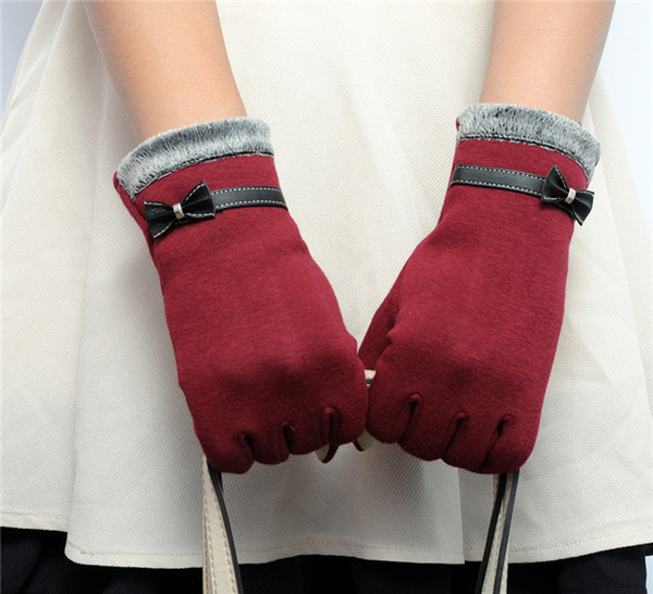 Fashion Elegant Womens Screen Winter Warm Wrist Gloves Mittens Cashmere Bow Five Fingers Top Quality Factory Wholesale