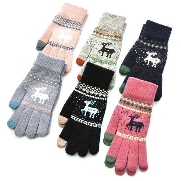 Christmas Deer Winter Gloves Women Men Full Finger Hand Warmer Touch Screen Gants Male Knit Wool Thick Mittens luvas de inverno CNY775