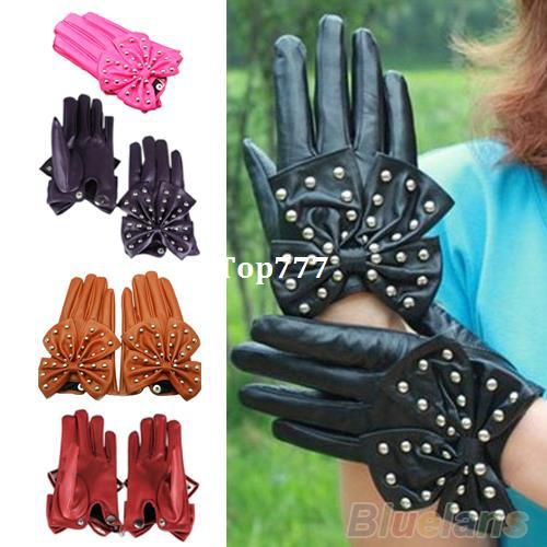 Winter Motorcycle LADY Rivets Butterfly Bow Soft PU Leather Gloves for Women 4 Colors M L 00D2