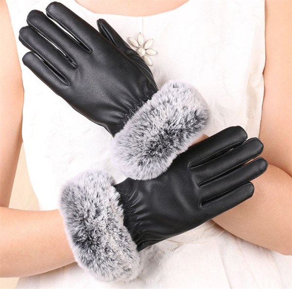 Women Outdoor PU Leather Gloves Screen Touch Glove Warm Fur Gloves Winter Brand Gloves Handmade Sewing