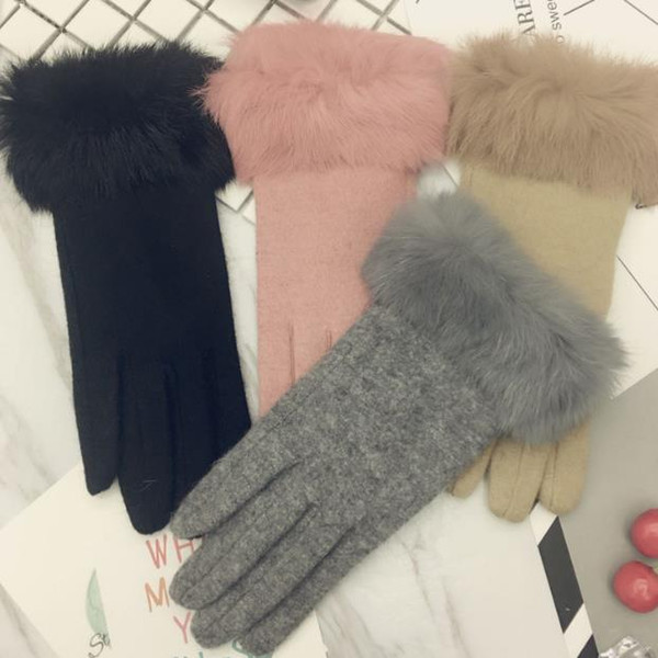 Ladies cashmere wool gloves for winter can be touch screen thickened rabbit wool stoma plate DIY fashion warm gloves