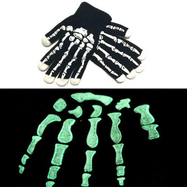 2017 Holloween Night Luminous Gloves Women Men Winter Warm Knitting Skeleton Ghost Claw Five Fingers Gloves Cosplay Christmas Gloves Gifts