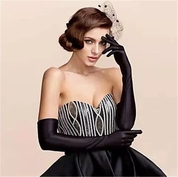 Satin Long Finger Elbow Sun protection gloves Opera Evening Party Prom Costume Fashion Glove black red grey Weeding White Five Fingers Glove