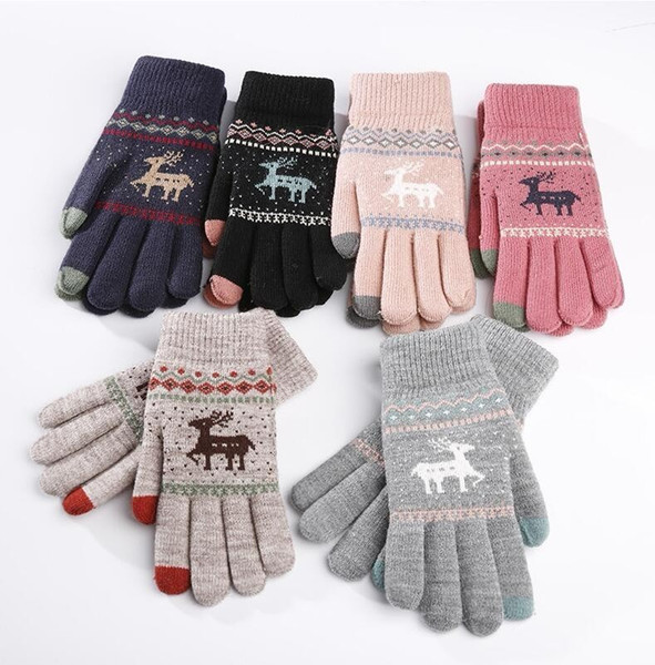 Vintage Christmas Deer Knitted Gloves Women Thicken Touch Screen Gloves Winter Warm Snow Elk Full Finger Mittens Xmas Gift Luvas