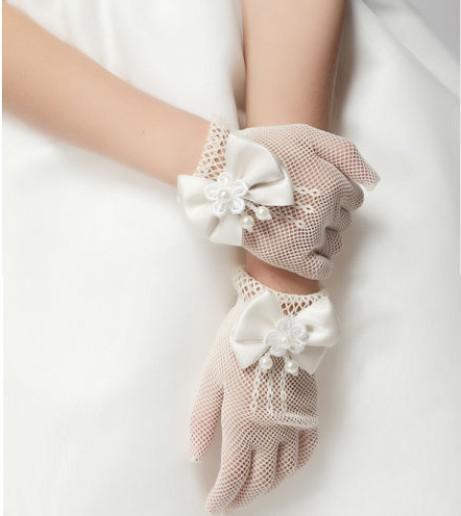 2pairs Girls Cream Lace Pearl Fishnet Gloves First Communion Wedding Flower Girl Party