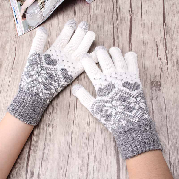 Stretch Snow Knitted Gloves For Women Men Heart Snowflake Mittens Use Smartphone Screen Gloves Wool-Knit Warmer Chirstmas Luvas