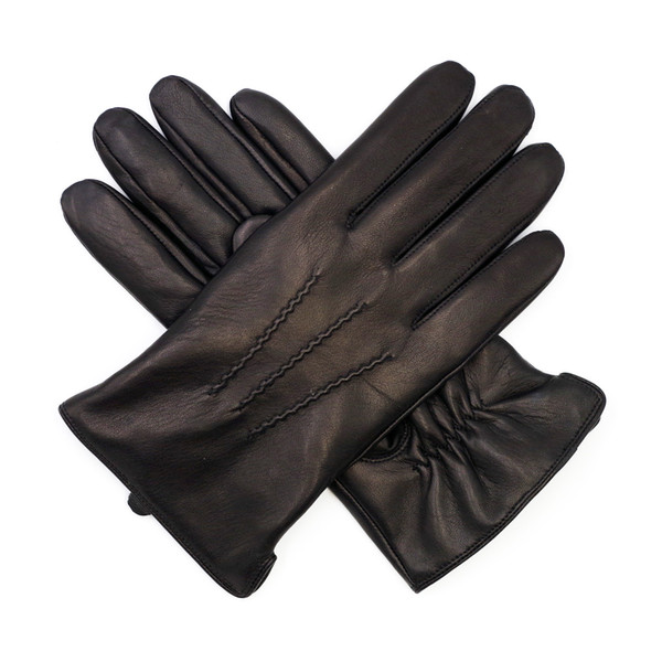 Free Shipping Harssidanzar Mens Luxury Italian Sheepskin Leather Gloves Vintage Finished Wool Lined (Black color)