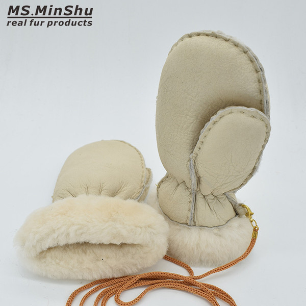 Children Leather Gloves Kids Gloves Sheepskin Fur MittensChild Winter Warm Gloves 100% Genuine Sheepskin Fur Mitts Ms.MinShu