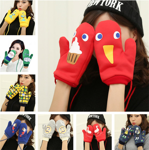 New 15Colors Girls Novelty Winter Cartoon Gloves for Women Knit Fitness Warm Gloves Double plus velvet Heated Wrist Mittens 100pair T1I913